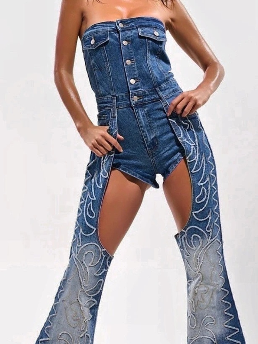 AKIRA Throw Down Denim Jumpsuit With Chaps Blue